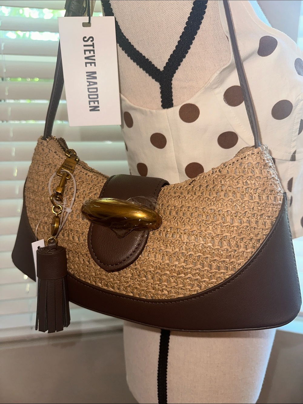 Steve Madden Brown and Tan Woven Shoulder Bag with Gold Accent